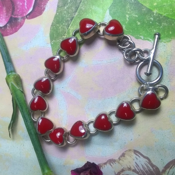 ❤️ .925 Silver Mexican Red Enamel Heart Love Link Bracelet - Picture 7 of 7
